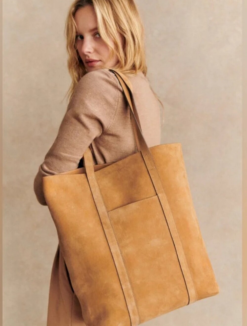 EXCELLENT SEZANE THE TOTE LE CABAS BAG - CAMEL SUEDE - Picture 2 of 14